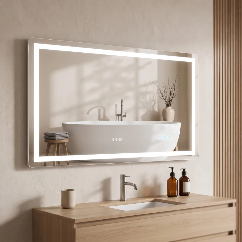 HOMCOM Oglindă baie LED Bluetooth 120 x 70 cm întrerupător tactil lumină reglabilă 3 culori anti-aburire memorie argintiu
