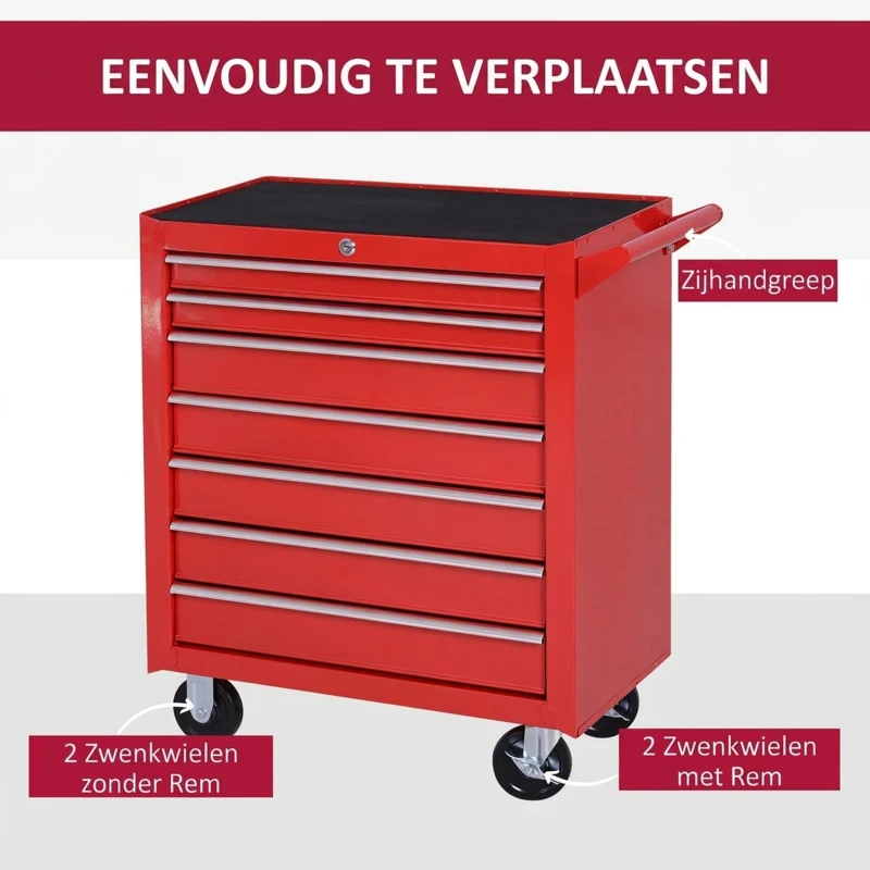 DURHAND Gereedschapswagen, 2 kleine & 5 grote laden, Staal, tot 150 kg, 69 x 33 x 75 cm, Rood