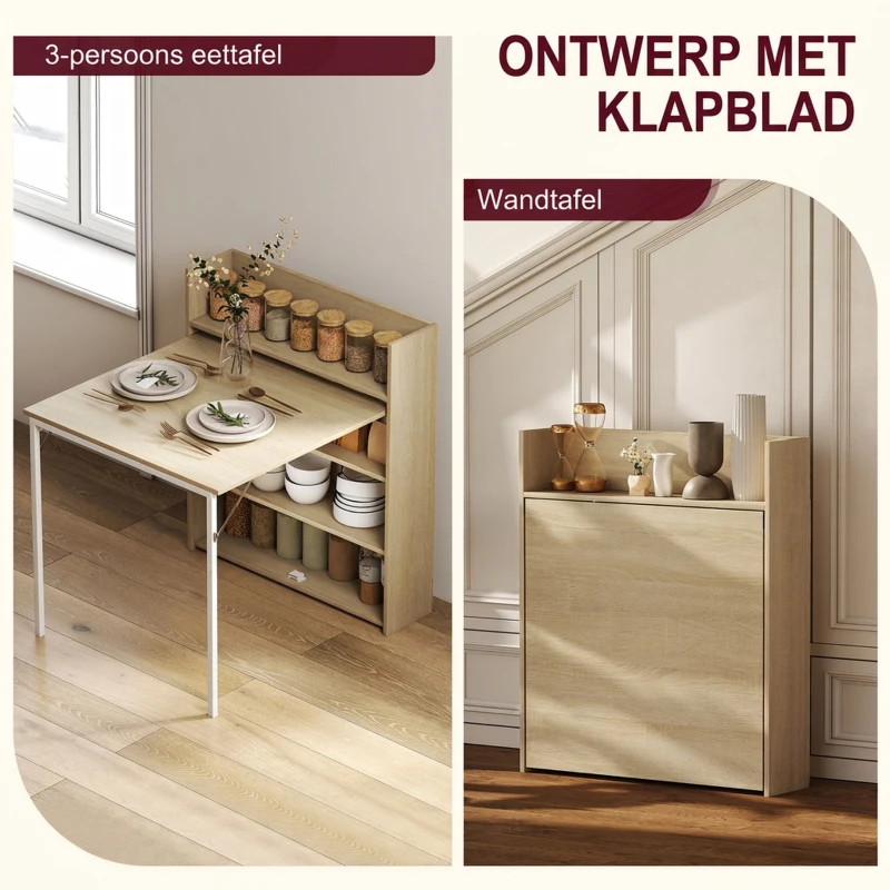 HOMCOM Opvouwbare eettafel met plank, industrieel design, ruimtebesparend, voor kleine ruimtes, 78,5 x 91 x 93 cm, Eiken