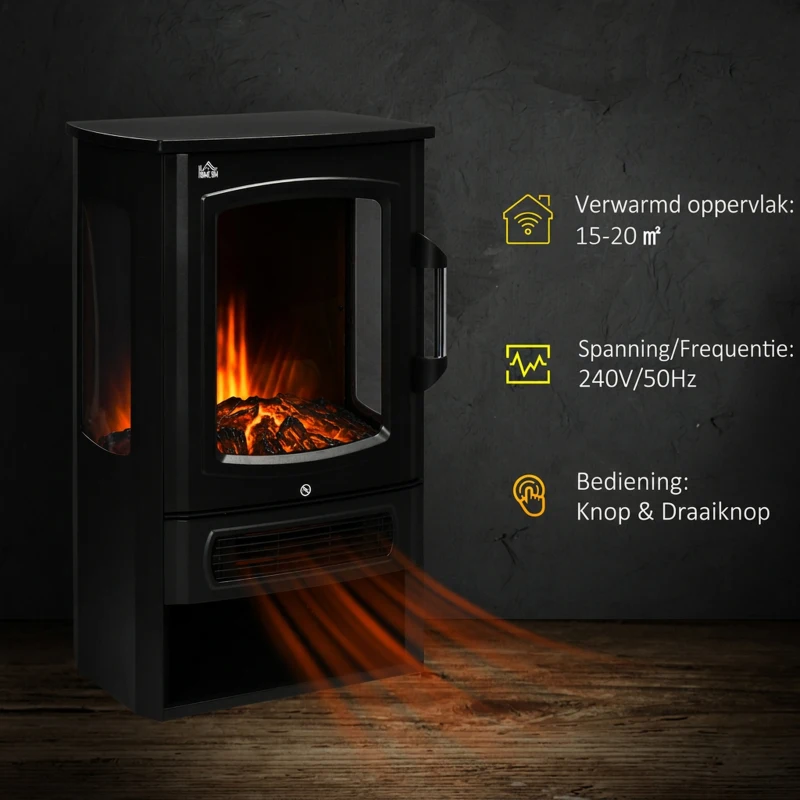 HOMCOM elektrische haard, realistische vlammen, 2 verwarmingsniveaus, bescherming tegen oververhitting, staal, zwart, 44,5 x 32 x 74 cm(m-7)
