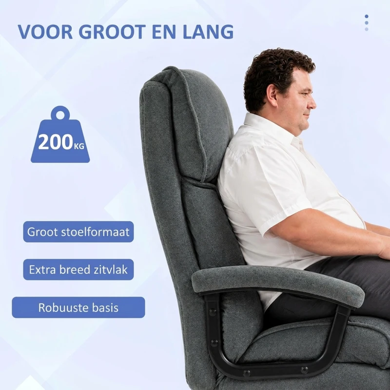 HOMCOM Grote hoge bureaustoel, 200 kg draagcapaciteit, robuuste constructie, zachte bekleding, Lichtgrijs