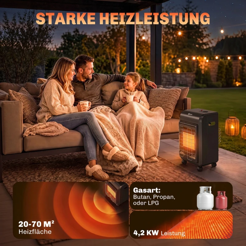 Outsunny Gas Heizstrahler Outdoor 1,5-4,2 kW Terrassenheizer mit Rollen 3 Leistungsstufen 50 cm Schlauch Druckregler