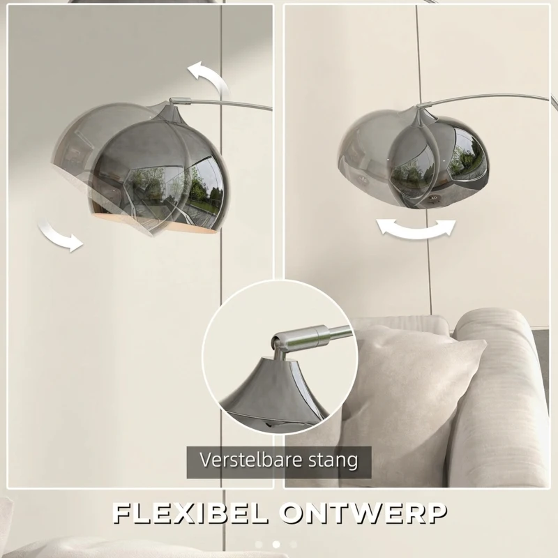 HOMCOM Booglamp, Staande Lamp, Verstelbaar, Voetschakelaar, Voet in Marmerlook, 170-180cm, Zilver/Zwart(m-5)