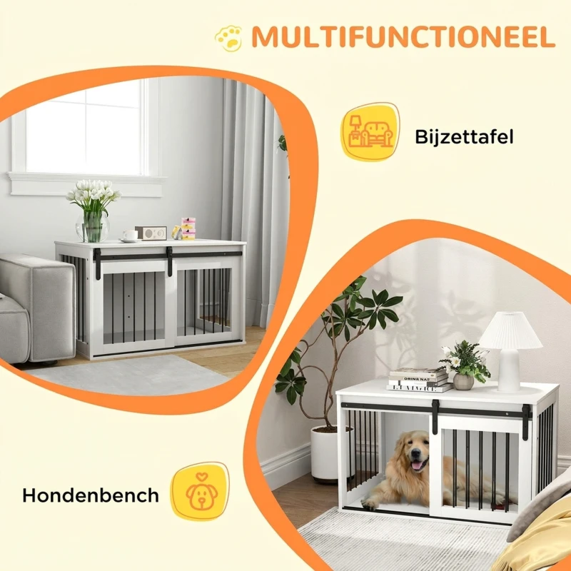 PawHut Hondenkooi met Schuifdeur, Ventilatie, Spaanplaat en Staal, 98 x 58 x 61 cm, Wit(m-5)