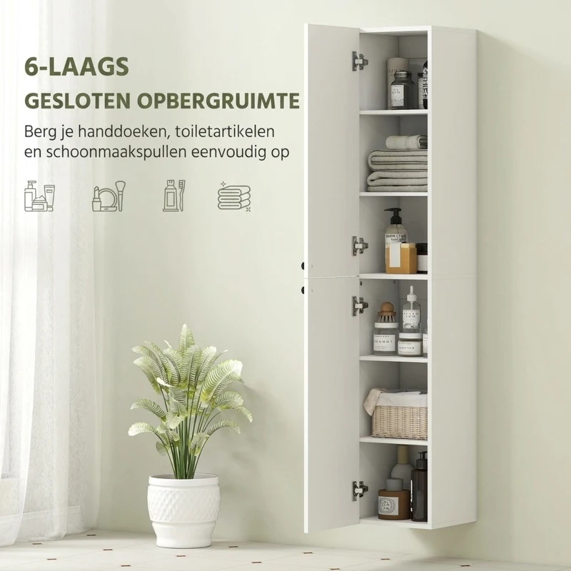 HOMCOM Wandgemonteerde badkamerkast, gelakte afwerking, 6 planken, MDF, Wit(m-6)