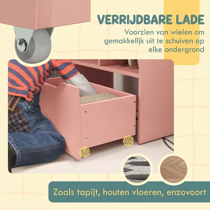 HOMCOM Kinderrek met Lade en Boekenrek met Vakken, 60 x 29,9 x 90 cm, Roze(m-6)