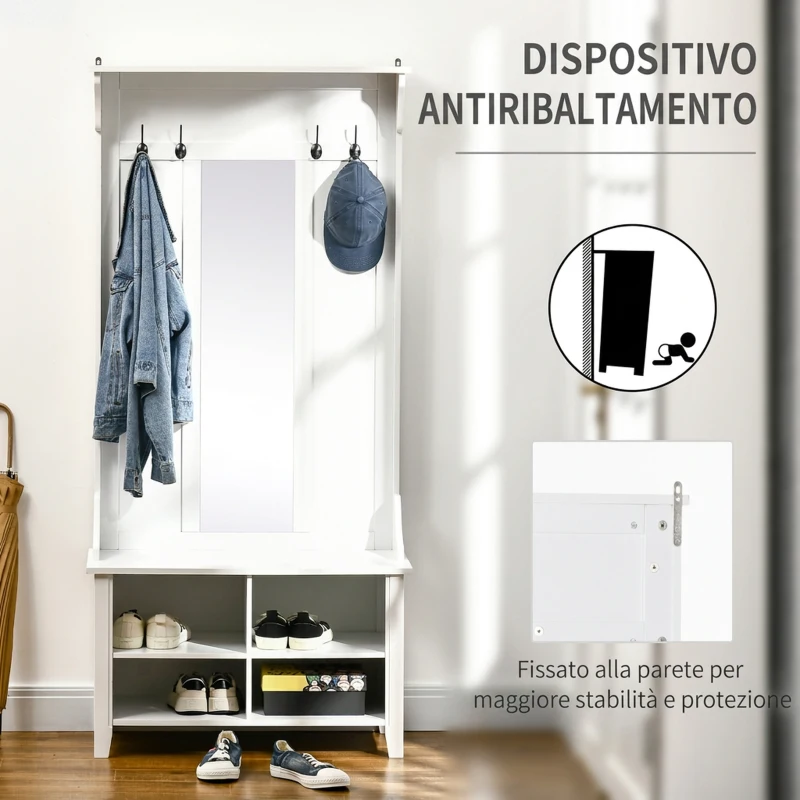 HOMCOM Appendiabiti Attaccapanni da Terra con Specchio Scarpiera 4 Ganci Legno 80x40x170cm Bianco