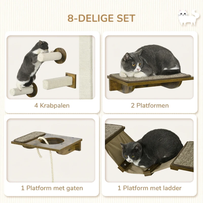 PawHut Kattentrap-Set, Klimwand, 8-delig, Tot 8 kg, Stevig, Bruin/Cremewit