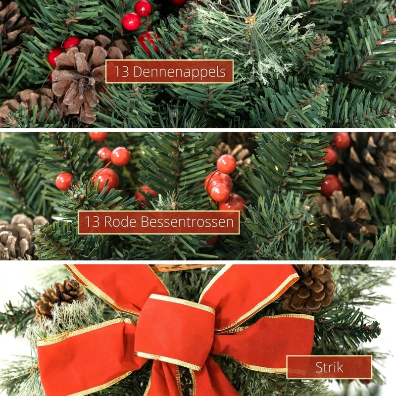 Outsunny Kerstlantaarn met Bessen, Dennenappels & Strik, LED-Lichtjes, Metalen Paal, 150 cm