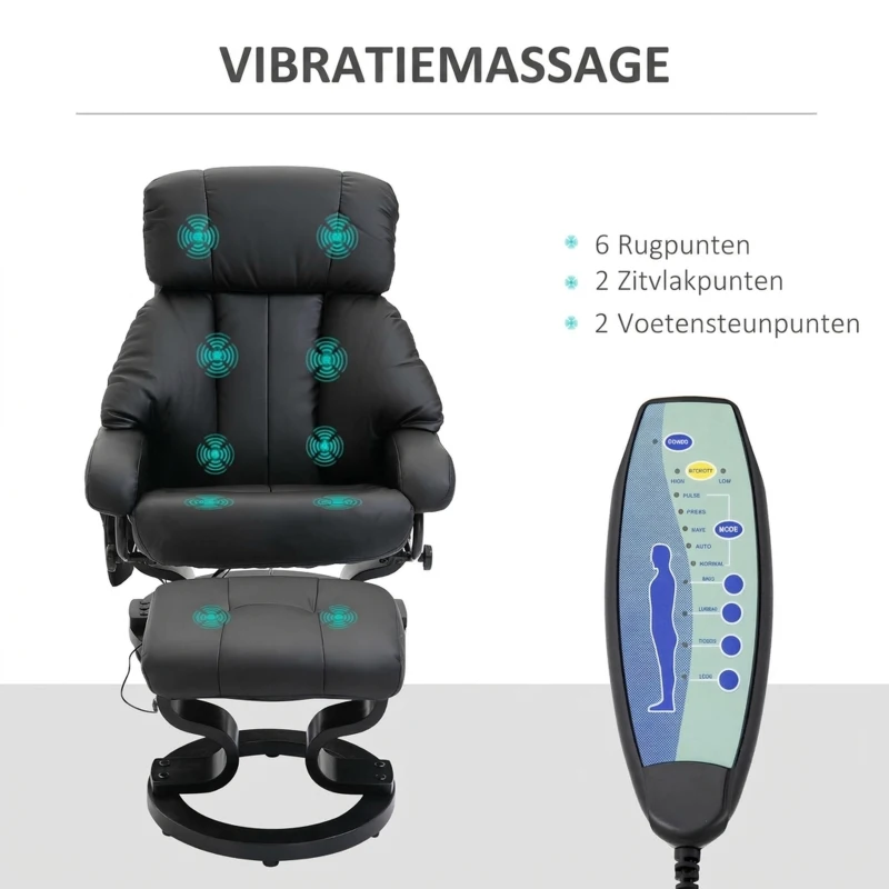 HOMCOM Massagestoel met voetenbank, 10 trilpunten, 145° verstelbare rugleuning, zwart
