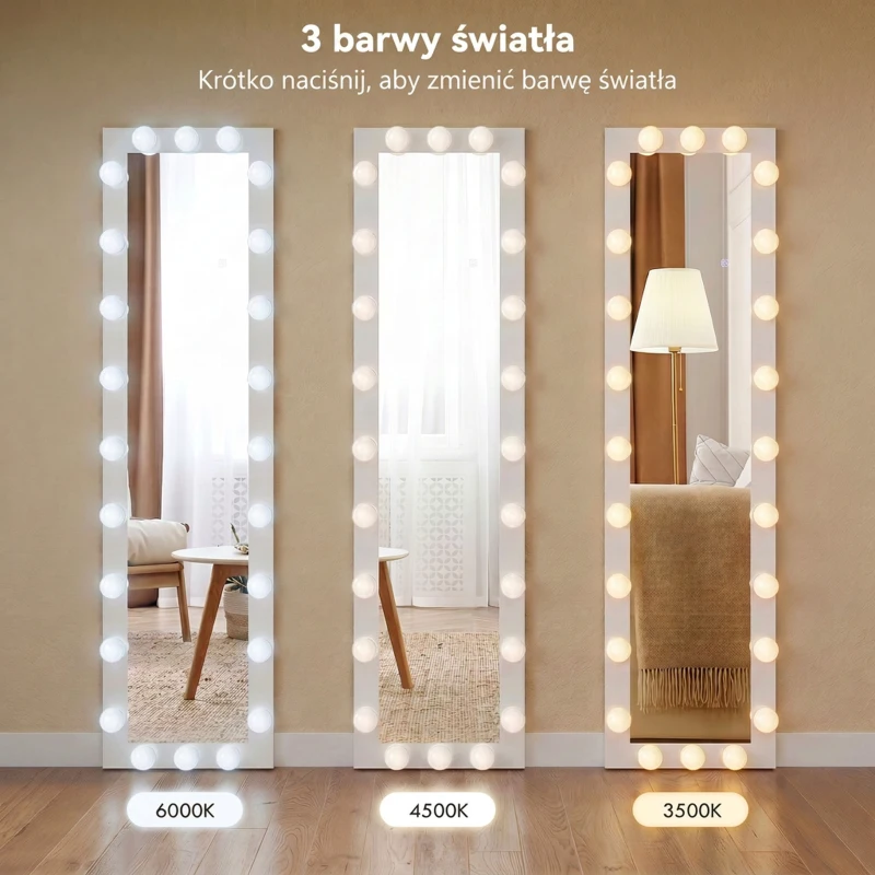 HOMCOM Pełnowymiarowe lustro 150x40 cm LED z 24 żarówkami, 3 kolory światła, stojące lub oparte, białe
