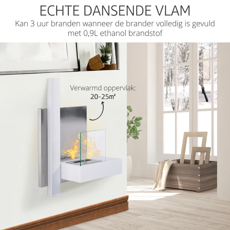 HOMCOM Ethanolhaard bio-ethanolbrander 1,5 L 3 uur. Brandduur met een klep accessoires voor wandmontage rookvrij Bauhaus Design RVS wit 75 x 22 x 63 cm(m-4)