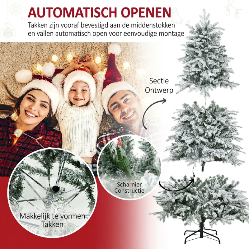 HOMCOM Kunstmatige Kerstboom, Kerstboom, Incl. Kunstmatige Sneeuw, LED-Lichten, 180 cm, Groen + Wit