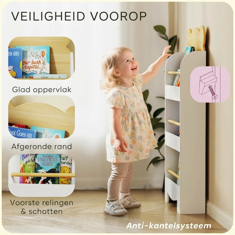 AIYAPLAY Kinderboekenrek in Beer Design met 3 Planken, Houten Opbergrek 55x15x110cm Wit(m-5)