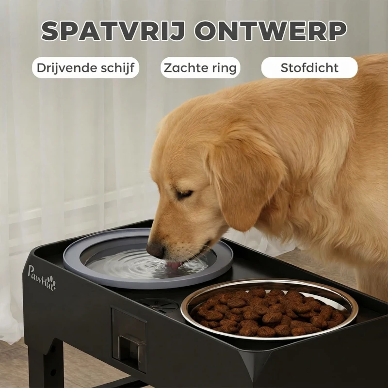 PawHut Verhoogde Hondenbak Hoogteverstelbaar Voerbak met Waterbak en 2 RVS kommen voor kleine tot grote honden Zwart