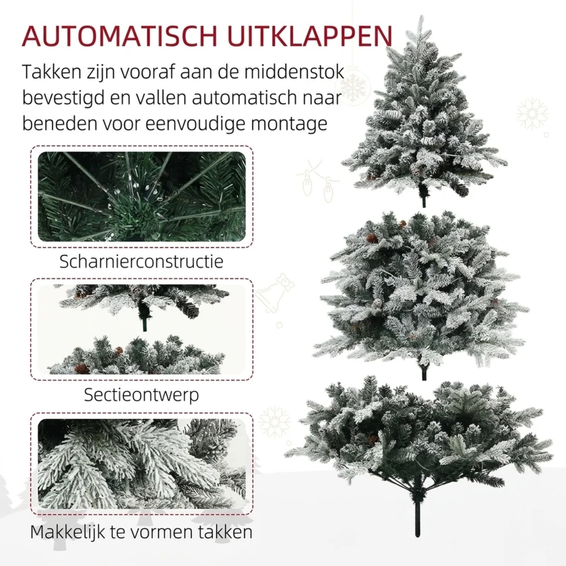 HOMCOM Kunstkerstboom 180 cm met 793 takken, kunstsneeuw en opklapbare metalen standaard – Winterse kerstdecoratie, Groen