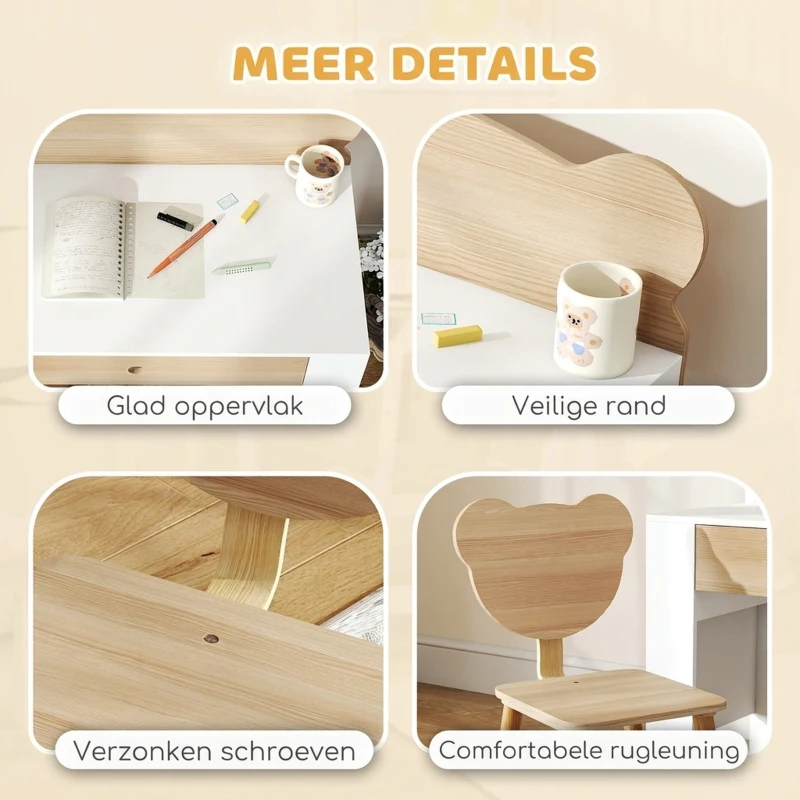 AIYAPLAY Kinderwerktafel met Stoel en Berenrugleuning, Lade, voor Schrijven en Knutselen, 3-8 Jaar, Natuur Hout