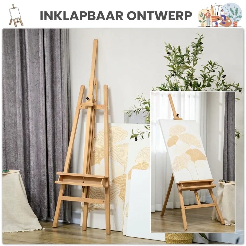 Vinsetto Schildersezel, Houten Ezel, Hoogteverstelbaar, Opvouwbaar, Pennenbak, Beukenhout, 65 x 110 x 180-235 cm