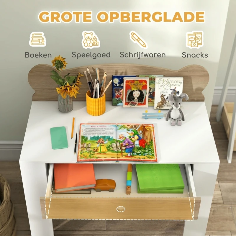 AIYAPLAY Kinderwerktafel met Stoel en Berenrugleuning, Lade, voor Schrijven en Knutselen, 3-8 Jaar, Natuur Hout