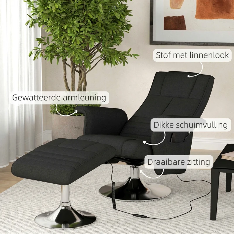 HOMCOM Massagestoel met hocker, verstelbare rugleuning, 78 x 95 x 88 cm, zwart