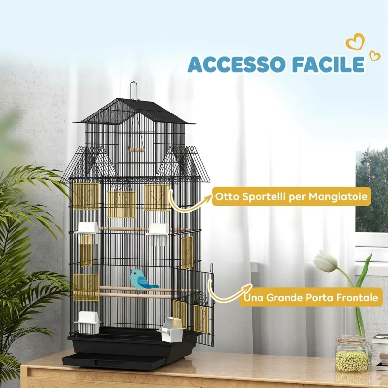 PawHut Gabbia per Uccelli con Maniglia di Trasporto e Vassoio Estraibile, in Metallo e Plastica, 50.5x41x104 cm, Nero