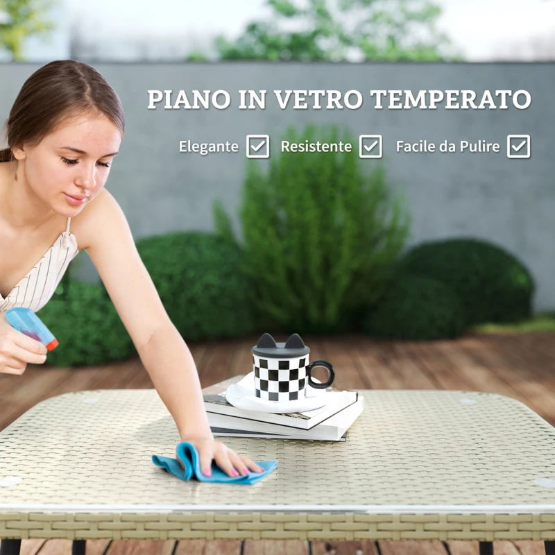 Outsunny Salotto da Giardino in Rattan 2 Divanetti e Poltrona Angolare con Cuscini, Tavolino in Vetro, Colore Legno