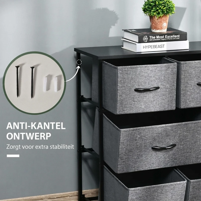 HOMCOM Ladekast met 8 Stoffen Lades, 2 Groot, 6 Klein, Metalen Frame, Kantelbeveiliging, Grijs