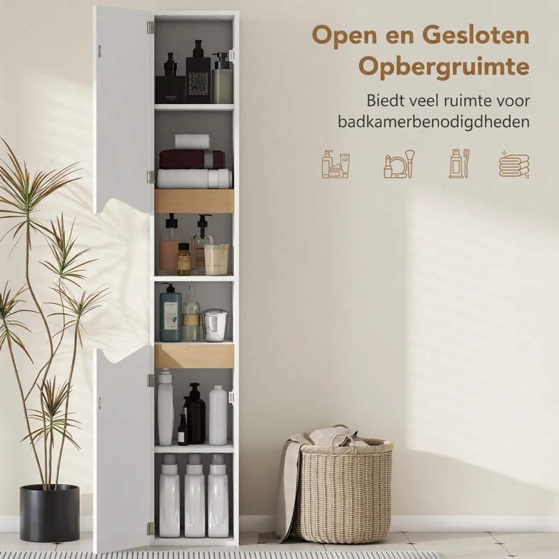 HOMCOM smalle badkamerkast hoge kast met 2 deuren, 2 open vakken, voor badkamer 30 x 34,6 x 182 cm Wit