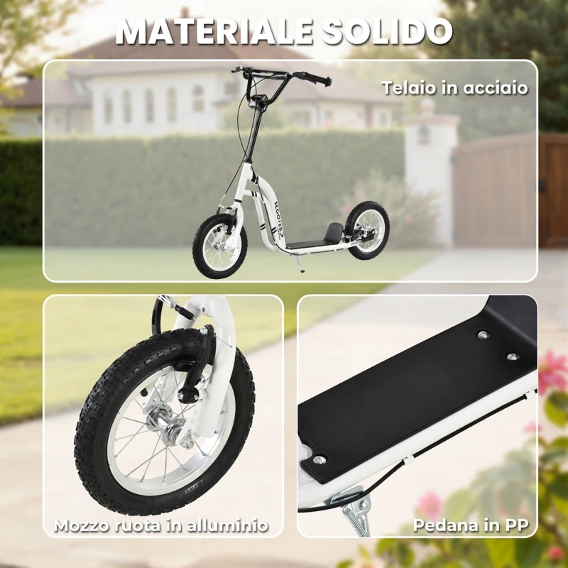 HOMCOM Monopattino con Manubrio Regolabile, Ruote Grandi, 2 Freni e Telaio in Metallo, per Bambini 5+ Anni, Max 100kg, 120x58x85-95cm, Bianco