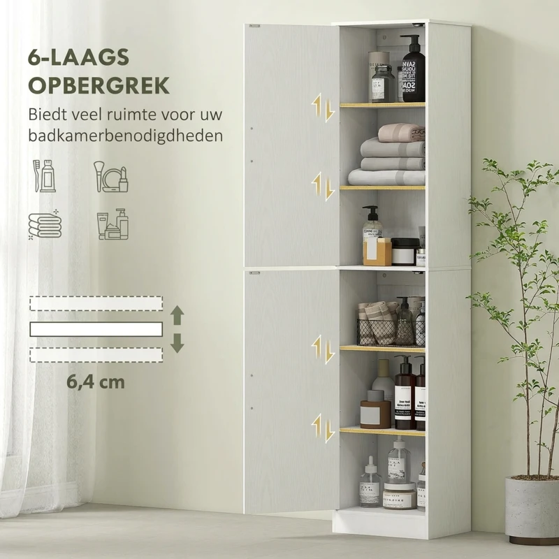 HOMCOM Badkamerkast 180 cm hoog, smalle kast met 2 deuren en 4 verstelbare planken, spaanplaat en MDF, wit