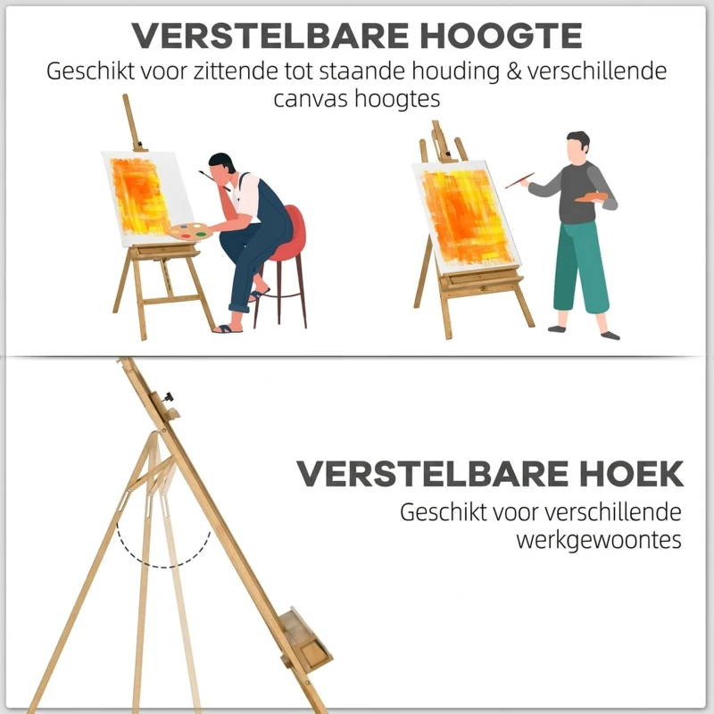 Vinsetto Schildersezel, Houten Ezel, Hoogteverstelbaar, Opvouwbaar, Pennenbak, Beukenhout, 65 x 110 x 180-235 cm