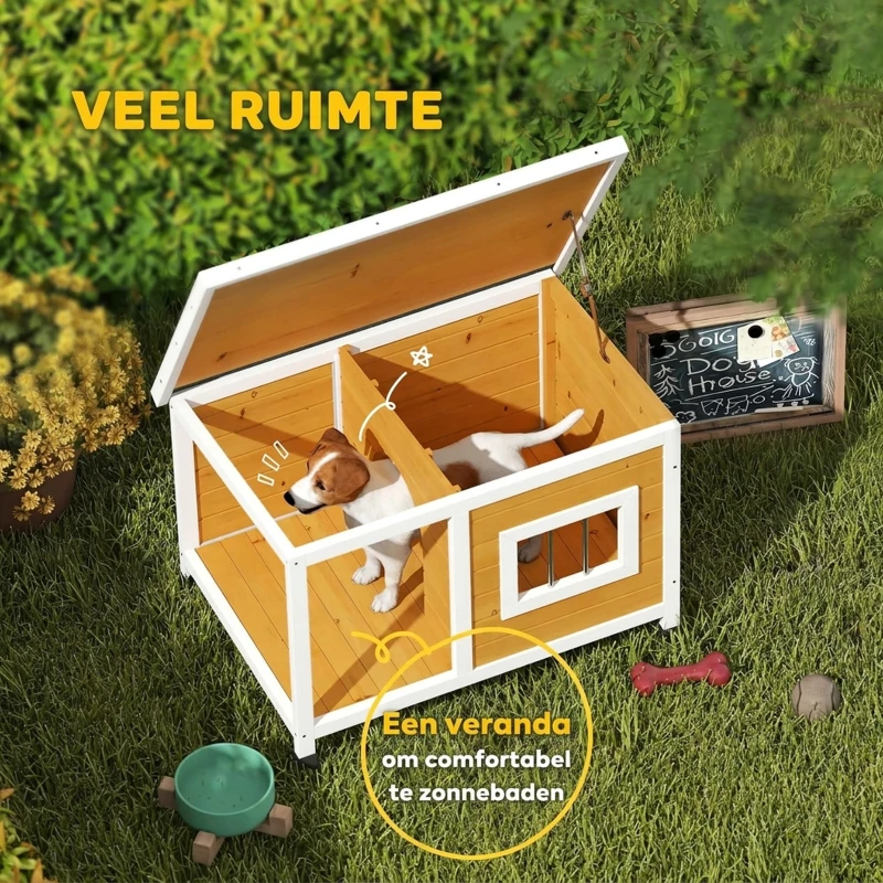 PawHut hondenhok met veranda, scharnierend dak, raam, verstelbare poten, natuurlijk hout, oranje, 85,5 x 62 x 60 cm
