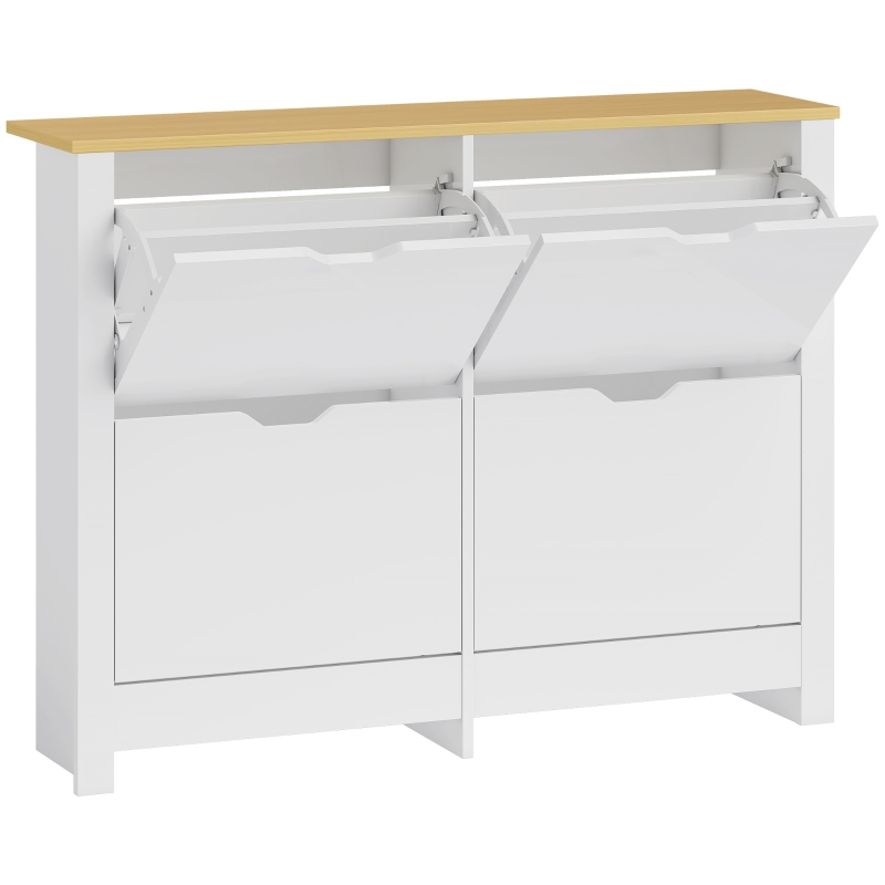 HOMCOM Smalle Schoenenkast met 4 Klapvakken voor 8–16 Paar Schoenen, 105 x 26 x 80 cm, Wit + Natuurlijk hout