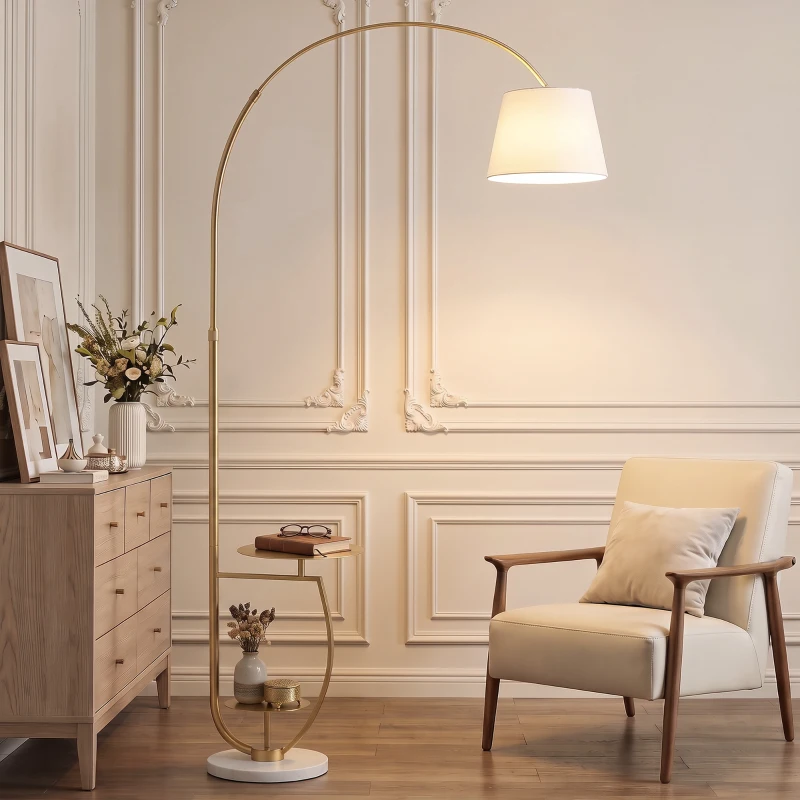HOMCOM Lampadar de podea modern cu arc pentru living, 2 rafturi, înălțime reglabilă de 148 la 177 cm, auriu și bej