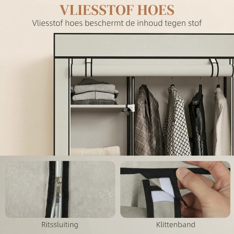 HOMCOM Stoffen kast, opbergoplossing, 6 planken, 1 kledingstang, crème