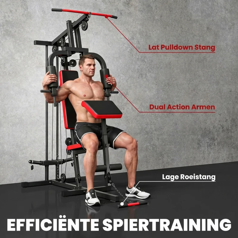SPORTNOW Krachtstation met latpull, butterflystang, verstelbare preacherbank, beentrainer, tot 120 kg, zwart+rood