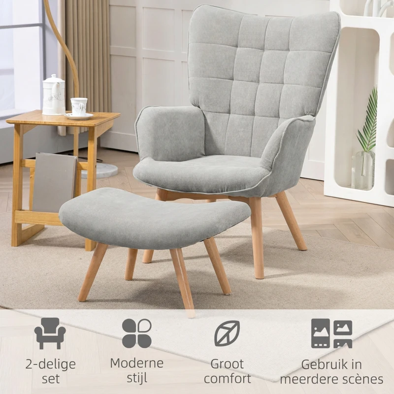 HOMCOM Akzentstoel in Scandinavisch design, oorfauteuil, set van stoelen, beukenhout, corduroy-look, grijs