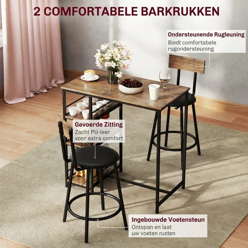HOMCOM 3-delige eettafelset met bartafel en 2 stoelen, klein keukenset met zijplanken, MDF, metaal, zwart