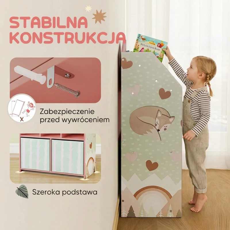 AIYAPLAY Regał dziecięcy na książki i zabawki z 2 materiałowymi szufladami, dla dzieci 3-8 lat, różowy, 62,5x30x91,5 cm