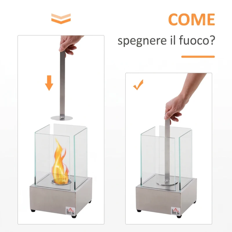 HOMCOM Camino a Bioetanolo da Tavolo con Bruciatore da 0.4L, Biocamino in Acciaio e Vetro per Interni ed Esterni, 20x20x33cm, Argento