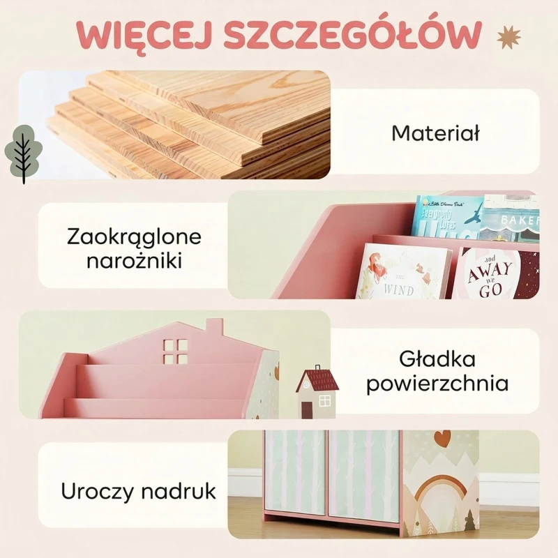 AIYAPLAY Regał dziecięcy na książki i zabawki z 2 materiałowymi szufladami, dla dzieci 3-8 lat, różowy, 62,5x30x91,5 cm