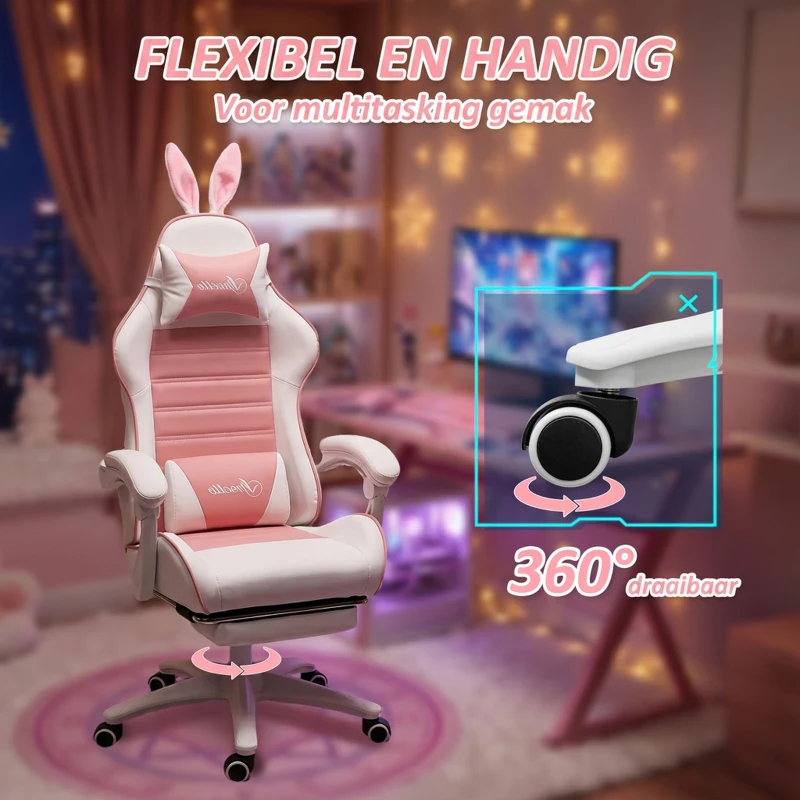Vinsetto Gamingstoel Ergonomische Gamerstoel met lendensteun, voetsteun, konijnenoren, hoofdkussen Roze(m-7)