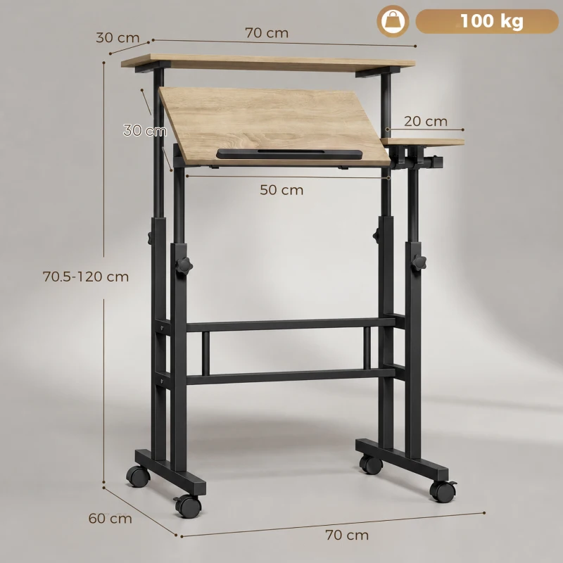 HOMCOM Bureau assis debout bureau réglable en hauteur 70 x 60 cm à roulettes avec plateau inclinable cadre en métal marron