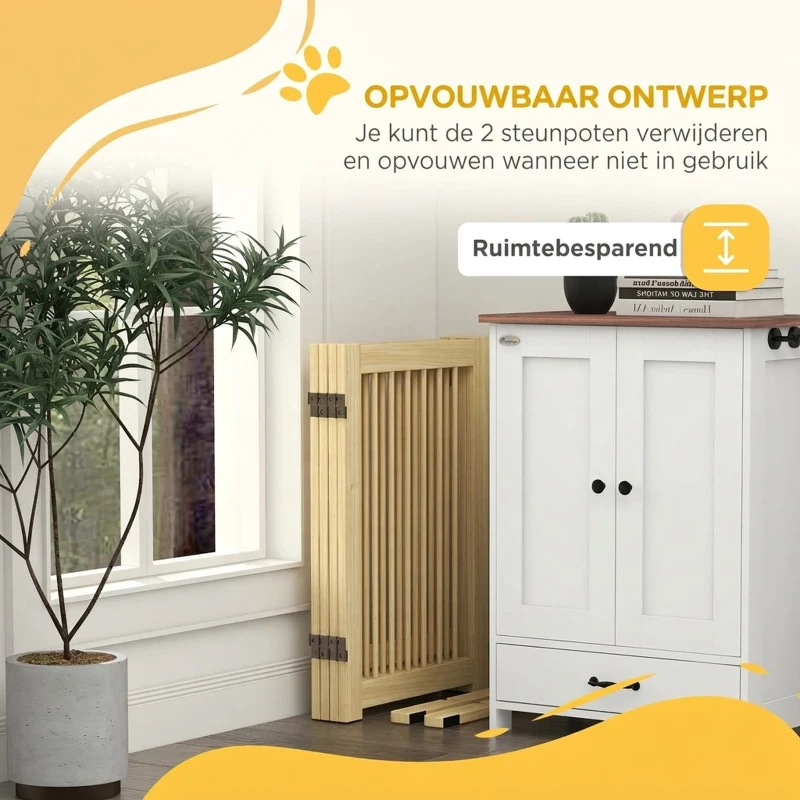 PawHut Vrijstaand hondenhek, 4 panelen, flexibel, dennenhout, 204L x 36B x 75H cm, naturel hout(m-4)
