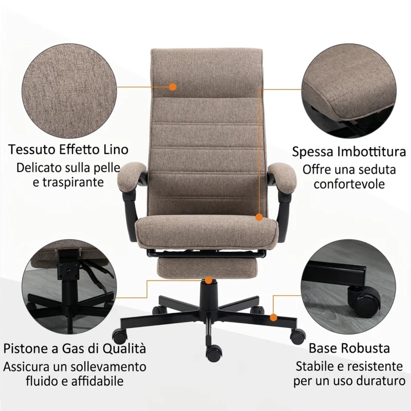 Vinsetto Sedia da Ufficio con Altezza Regolabile, Poggiapiedi Incluso e Seduta Imbottita, 68x67x109-119 cm, Marrone