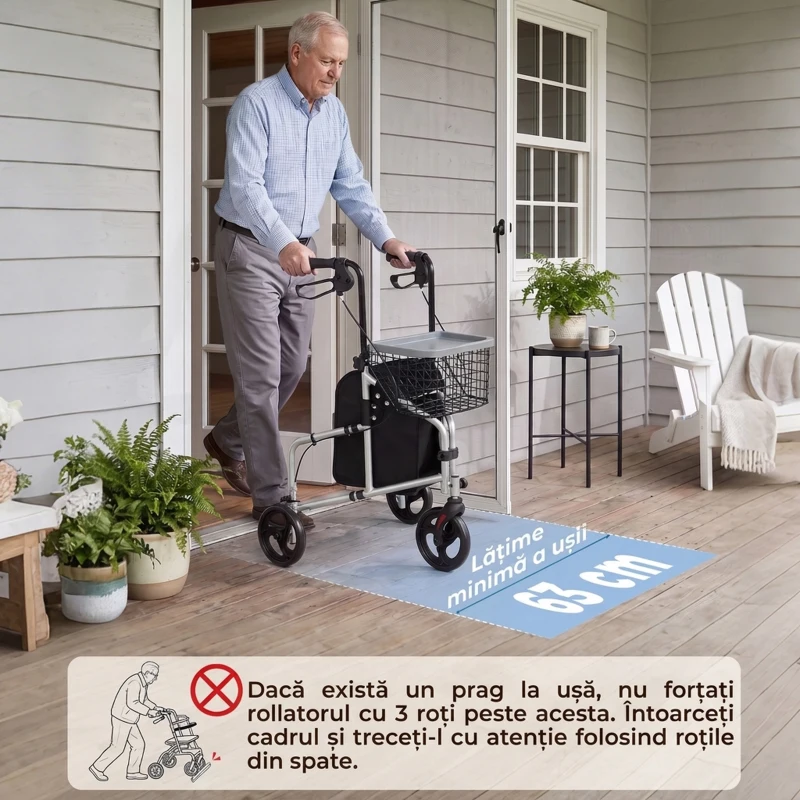 HOMCOM Rolator pliabil ușor pentru seniori cu geantă și coș, 3 roți, 136 kg, argintiu