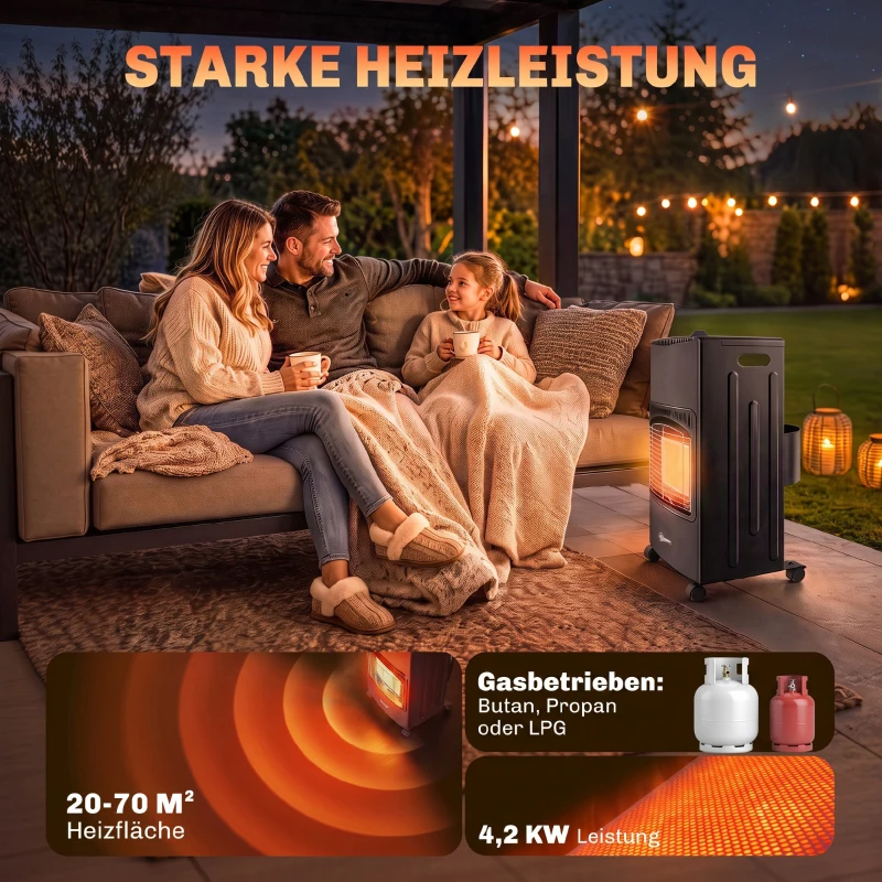 Outsunny Gas Heizstrahler Outdoor 1,5-4,2 kW Klappbar Terrassenheizer mit Rollen Schutzhülle 3 Leistungsstufen Schlauch