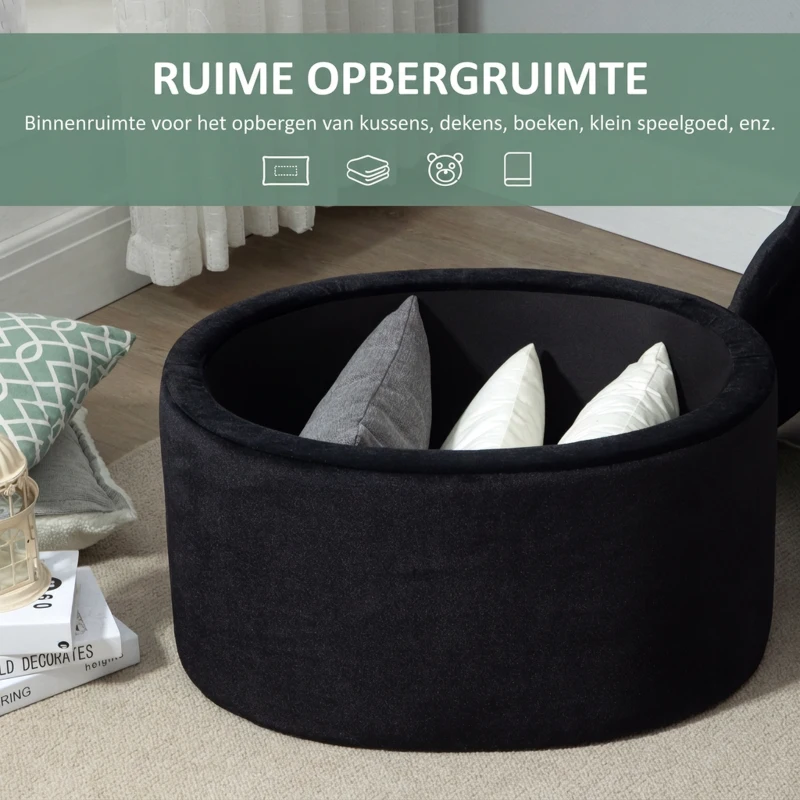 HOMCOM bank gestoffeerde bank met opbergruimte borstbank ovale vorm hal slaapkamer woonkamer fluweelzacht polyester rubber hout zwart 71 x 52 x 42 cm
