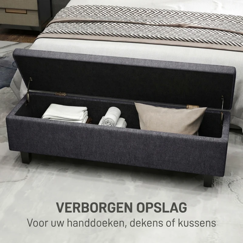 HOMCOM Opbergbank in linnenlook met rubberhouten poten, voor woonkamer, slaapkamer en hal, donkergrijs(m-4)