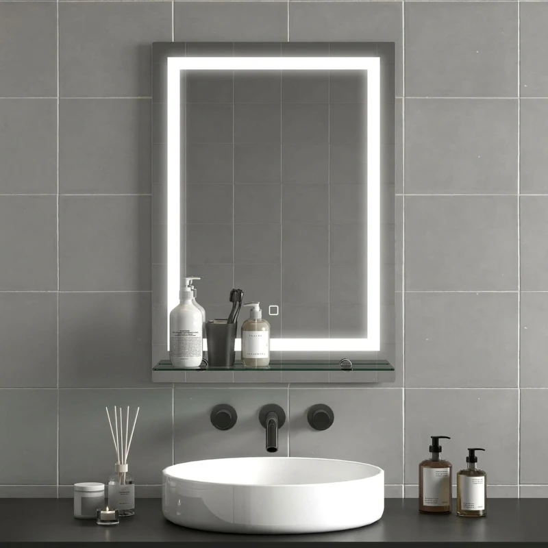 Kleankin LED-badkamerspiegel, dimbaar, anti-condens, touch-schakelaar, plank, 50 x 70 cm, zilver